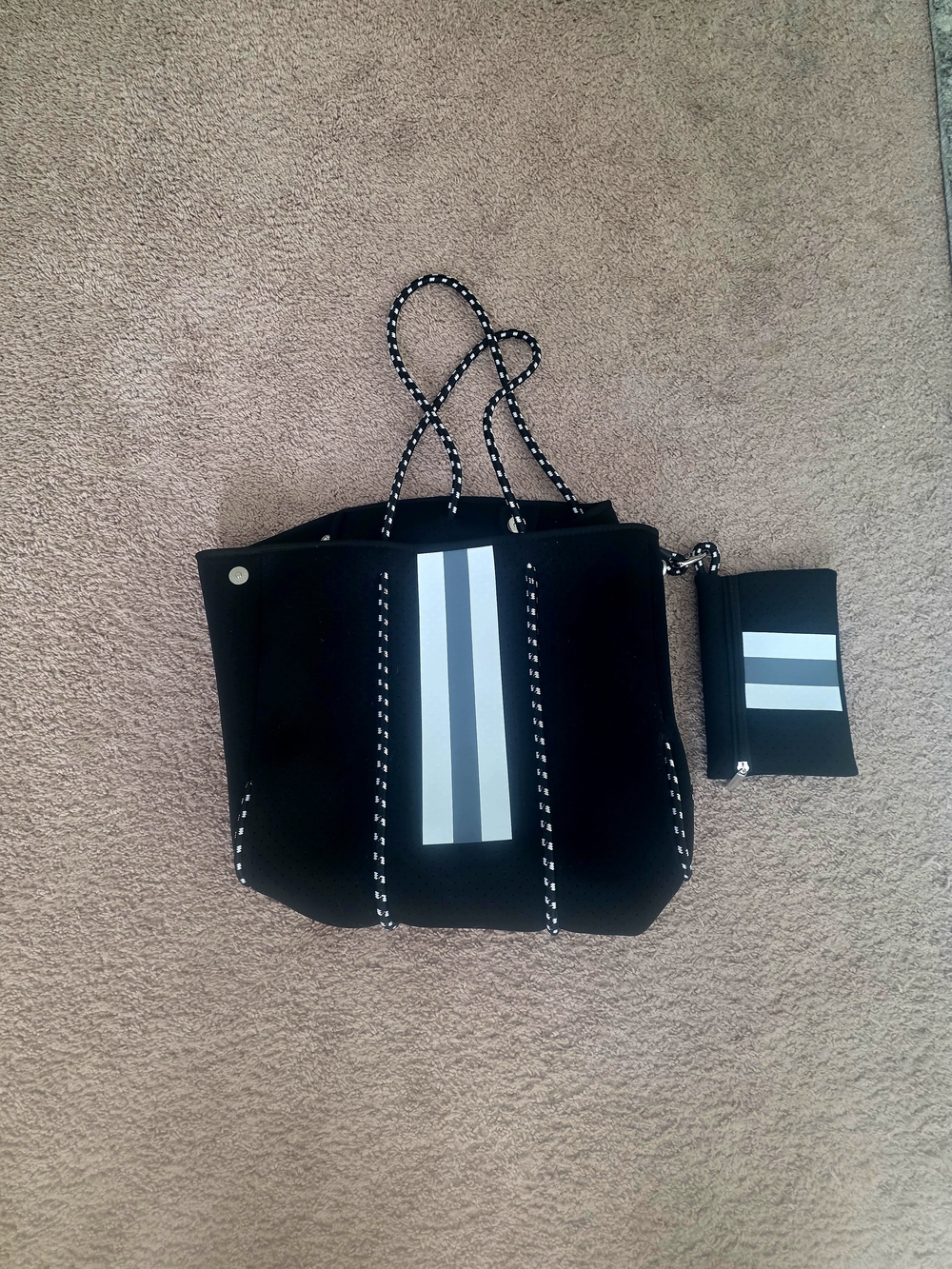 Black Women's Tote with Center Stripe and Matching Pouch. Neoprene Material.